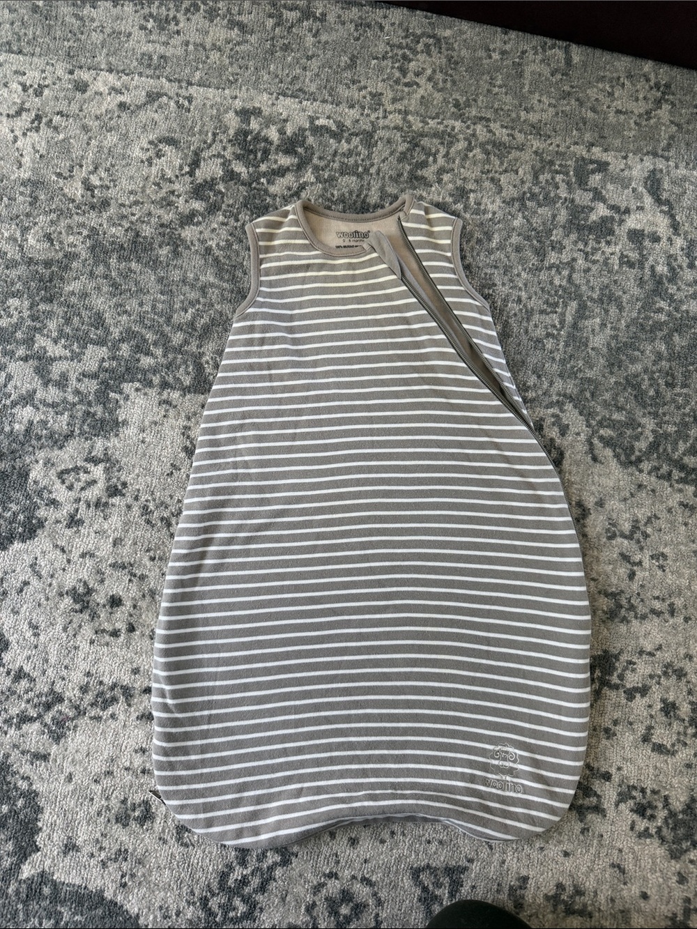 Woolino merino wool organic sleep sack all season 0-6m taupe white stripe